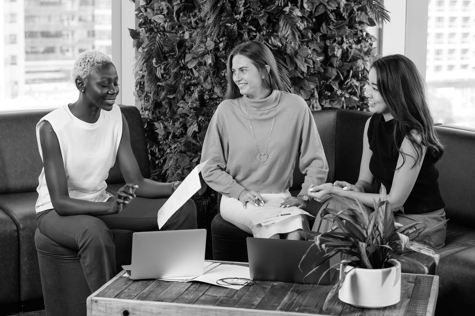 Three professionals in conversation reviewing documents together in a bright plant filled office