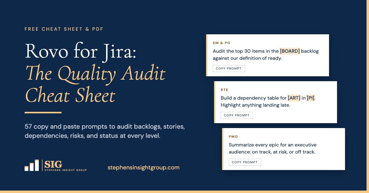 Rovo for Jira: The Quality Audit Cheat Sheet, with sample prompt cards for Scrum Masters, RTEs, and PMO leaders